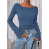imagePRETTYGARDEN Womens Long Sleeve Shirts 2026 Spring Crop Going Out Tops Casual Boat Neck Bell Sleeve Ribbed Ruched Y2K ClothesGrey Blue