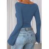 imagePRETTYGARDEN Womens Long Sleeve Shirts 2026 Spring Crop Going Out Tops Casual Boat Neck Bell Sleeve Ribbed Ruched Y2K ClothesGrey Blue