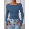 imagePRETTYGARDEN Womens Long Sleeve Shirts 2026 Spring Crop Going Out Tops Casual Boat Neck Bell Sleeve Ribbed Ruched Y2K ClothesGrey Blue