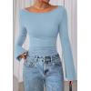 imagePRETTYGARDEN Womens Long Sleeve Shirts 2026 Spring Crop Going Out Tops Casual Boat Neck Bell Sleeve Ribbed Ruched Y2K ClothesLight Blue