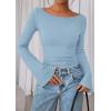 imagePRETTYGARDEN Womens Long Sleeve Shirts 2026 Spring Crop Going Out Tops Casual Boat Neck Bell Sleeve Ribbed Ruched Y2K ClothesLight Blue