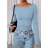 imagePRETTYGARDEN Womens Long Sleeve Shirts 2026 Spring Crop Going Out Tops Casual Boat Neck Bell Sleeve Ribbed Ruched Y2K ClothesLight Blue
