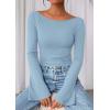 imagePRETTYGARDEN Womens Long Sleeve Shirts 2026 Spring Crop Going Out Tops Casual Boat Neck Bell Sleeve Ribbed Ruched Y2K ClothesLight Blue