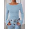 imagePRETTYGARDEN Womens Long Sleeve Shirts 2026 Spring Crop Going Out Tops Casual Boat Neck Bell Sleeve Ribbed Ruched Y2K ClothesLight Blue
