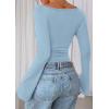 imagePRETTYGARDEN Womens Long Sleeve Shirts 2026 Spring Crop Going Out Tops Casual Boat Neck Bell Sleeve Ribbed Ruched Y2K ClothesLight Blue