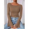 imagePRETTYGARDEN Womens Long Sleeve Shirts 2026 Spring Crop Going Out Tops Casual Boat Neck Bell Sleeve Ribbed Ruched Y2K ClothesLight Brown