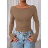 imagePRETTYGARDEN Womens Long Sleeve Shirts 2026 Spring Crop Going Out Tops Casual Boat Neck Bell Sleeve Ribbed Ruched Y2K ClothesLight Brown