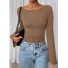 imagePRETTYGARDEN Womens Long Sleeve Shirts 2026 Spring Crop Going Out Tops Casual Boat Neck Bell Sleeve Ribbed Ruched Y2K ClothesLight Brown