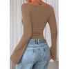 imagePRETTYGARDEN Womens Long Sleeve Shirts 2026 Spring Crop Going Out Tops Casual Boat Neck Bell Sleeve Ribbed Ruched Y2K ClothesLight Brown