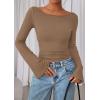 imagePRETTYGARDEN Womens Long Sleeve Shirts 2026 Spring Crop Going Out Tops Casual Boat Neck Bell Sleeve Ribbed Ruched Y2K ClothesLight Brown