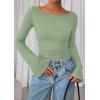 imagePRETTYGARDEN Womens Long Sleeve Shirts 2026 Spring Crop Going Out Tops Casual Boat Neck Bell Sleeve Ribbed Ruched Y2K ClothesLight Green