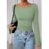 imagePRETTYGARDEN Womens Long Sleeve Shirts 2026 Spring Crop Going Out Tops Casual Boat Neck Bell Sleeve Ribbed Ruched Y2K ClothesLight Green