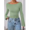 imagePRETTYGARDEN Womens Long Sleeve Shirts 2026 Spring Crop Going Out Tops Casual Boat Neck Bell Sleeve Ribbed Ruched Y2K ClothesLight Green