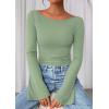 imagePRETTYGARDEN Womens Long Sleeve Shirts 2026 Spring Crop Going Out Tops Casual Boat Neck Bell Sleeve Ribbed Ruched Y2K ClothesLight Green