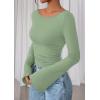 imagePRETTYGARDEN Womens Long Sleeve Shirts 2026 Spring Crop Going Out Tops Casual Boat Neck Bell Sleeve Ribbed Ruched Y2K ClothesLight Green