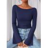 imagePRETTYGARDEN Womens Long Sleeve Shirts 2026 Spring Crop Going Out Tops Casual Boat Neck Bell Sleeve Ribbed Ruched Y2K ClothesNavy Blue
