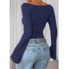 imagePRETTYGARDEN Womens Long Sleeve Shirts 2026 Spring Crop Going Out Tops Casual Boat Neck Bell Sleeve Ribbed Ruched Y2K ClothesNavy Blue