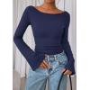 imagePRETTYGARDEN Womens Long Sleeve Shirts 2026 Spring Crop Going Out Tops Casual Boat Neck Bell Sleeve Ribbed Ruched Y2K ClothesNavy Blue
