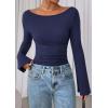 imagePRETTYGARDEN Womens Long Sleeve Shirts 2026 Spring Crop Going Out Tops Casual Boat Neck Bell Sleeve Ribbed Ruched Y2K ClothesNavy Blue