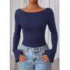 imagePRETTYGARDEN Womens Long Sleeve Shirts 2026 Spring Crop Going Out Tops Casual Boat Neck Bell Sleeve Ribbed Ruched Y2K ClothesNavy Blue
