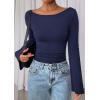 imagePRETTYGARDEN Womens Long Sleeve Shirts 2026 Spring Crop Going Out Tops Casual Boat Neck Bell Sleeve Ribbed Ruched Y2K ClothesNavy Blue