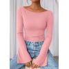imagePRETTYGARDEN Womens Long Sleeve Shirts 2026 Spring Crop Going Out Tops Casual Boat Neck Bell Sleeve Ribbed Ruched Y2K ClothesPink