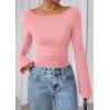 imagePRETTYGARDEN Womens Long Sleeve Shirts 2026 Spring Crop Going Out Tops Casual Boat Neck Bell Sleeve Ribbed Ruched Y2K ClothesPink