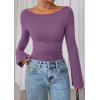 imagePRETTYGARDEN Womens Long Sleeve Shirts 2026 Spring Crop Going Out Tops Casual Boat Neck Bell Sleeve Ribbed Ruched Y2K ClothesPurple
