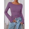 imagePRETTYGARDEN Womens Long Sleeve Shirts 2026 Spring Crop Going Out Tops Casual Boat Neck Bell Sleeve Ribbed Ruched Y2K ClothesPurple