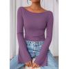 imagePRETTYGARDEN Womens Long Sleeve Shirts 2026 Spring Crop Going Out Tops Casual Boat Neck Bell Sleeve Ribbed Ruched Y2K ClothesPurple