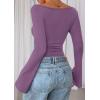 imagePRETTYGARDEN Womens Long Sleeve Shirts 2026 Spring Crop Going Out Tops Casual Boat Neck Bell Sleeve Ribbed Ruched Y2K ClothesPurple