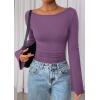 imagePRETTYGARDEN Womens Long Sleeve Shirts 2026 Spring Crop Going Out Tops Casual Boat Neck Bell Sleeve Ribbed Ruched Y2K ClothesPurple