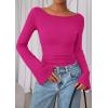imagePRETTYGARDEN Womens Long Sleeve Shirts 2026 Spring Crop Going Out Tops Casual Boat Neck Bell Sleeve Ribbed Ruched Y2K ClothesRose Red