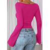 imagePRETTYGARDEN Womens Long Sleeve Shirts 2026 Spring Crop Going Out Tops Casual Boat Neck Bell Sleeve Ribbed Ruched Y2K ClothesRose Red