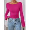 imagePRETTYGARDEN Womens Long Sleeve Shirts 2026 Spring Crop Going Out Tops Casual Boat Neck Bell Sleeve Ribbed Ruched Y2K ClothesRose Red