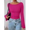 imagePRETTYGARDEN Womens Long Sleeve Shirts 2026 Spring Crop Going Out Tops Casual Boat Neck Bell Sleeve Ribbed Ruched Y2K ClothesRose Red