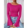 imagePRETTYGARDEN Womens Long Sleeve Shirts 2026 Spring Crop Going Out Tops Casual Boat Neck Bell Sleeve Ribbed Ruched Y2K ClothesRose Red