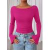 imagePRETTYGARDEN Womens Long Sleeve Shirts 2026 Spring Crop Going Out Tops Casual Boat Neck Bell Sleeve Ribbed Ruched Y2K ClothesRose Red