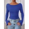 imagePRETTYGARDEN Womens Long Sleeve Shirts 2026 Spring Crop Going Out Tops Casual Boat Neck Bell Sleeve Ribbed Ruched Y2K ClothesRoyal Blue