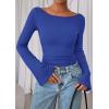 imagePRETTYGARDEN Womens Long Sleeve Shirts 2026 Spring Crop Going Out Tops Casual Boat Neck Bell Sleeve Ribbed Ruched Y2K ClothesRoyal Blue