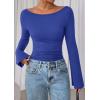 imagePRETTYGARDEN Womens Long Sleeve Shirts 2026 Spring Crop Going Out Tops Casual Boat Neck Bell Sleeve Ribbed Ruched Y2K ClothesRoyal Blue