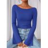 imagePRETTYGARDEN Womens Long Sleeve Shirts 2026 Spring Crop Going Out Tops Casual Boat Neck Bell Sleeve Ribbed Ruched Y2K ClothesRoyal Blue