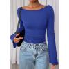 imagePRETTYGARDEN Womens Long Sleeve Shirts 2026 Spring Crop Going Out Tops Casual Boat Neck Bell Sleeve Ribbed Ruched Y2K ClothesRoyal Blue