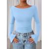 imagePRETTYGARDEN Womens Long Sleeve Shirts 2026 Spring Crop Going Out Tops Casual Boat Neck Bell Sleeve Ribbed Ruched Y2K ClothesSky Blue