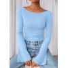 imagePRETTYGARDEN Womens Long Sleeve Shirts 2026 Spring Crop Going Out Tops Casual Boat Neck Bell Sleeve Ribbed Ruched Y2K ClothesSky Blue