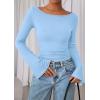 imagePRETTYGARDEN Womens Long Sleeve Shirts 2026 Spring Crop Going Out Tops Casual Boat Neck Bell Sleeve Ribbed Ruched Y2K ClothesSky Blue