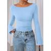 imagePRETTYGARDEN Womens Long Sleeve Shirts 2026 Spring Crop Going Out Tops Casual Boat Neck Bell Sleeve Ribbed Ruched Y2K ClothesSky Blue