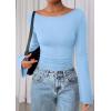 imagePRETTYGARDEN Womens Long Sleeve Shirts 2026 Spring Crop Going Out Tops Casual Boat Neck Bell Sleeve Ribbed Ruched Y2K ClothesSky Blue