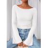 imagePRETTYGARDEN Womens Long Sleeve Shirts 2026 Spring Crop Going Out Tops Casual Boat Neck Bell Sleeve Ribbed Ruched Y2K ClothesWhite