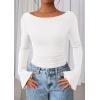 imagePRETTYGARDEN Womens Long Sleeve Shirts 2026 Spring Crop Going Out Tops Casual Boat Neck Bell Sleeve Ribbed Ruched Y2K ClothesWhite